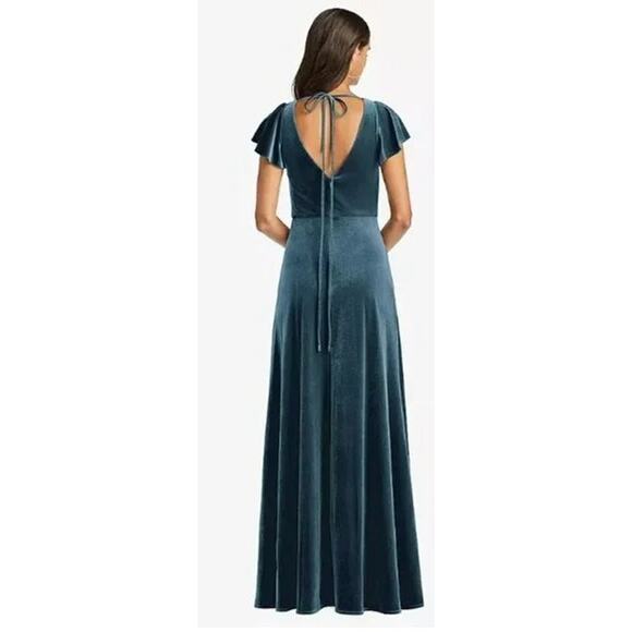 NWT After Six Lux Velvet Flutter Sleeve V Neck Maxi Dress Pockets 6 Dutch Blue - Picture 5 of 15